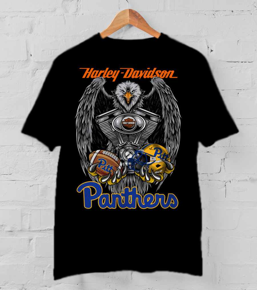 Harley Davidson Panthers Pitt Football Helmet And Eagle Engine Art T-Shirt
