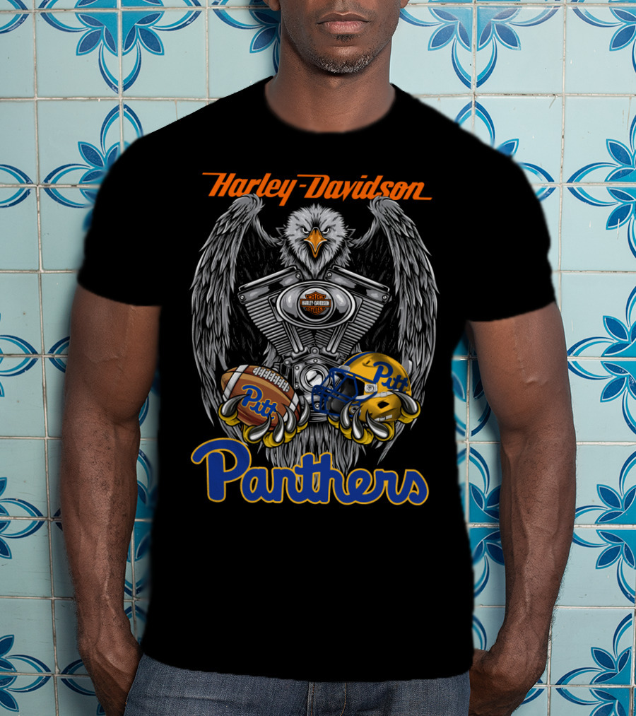 Harley Davidson Panthers Pitt Football Helmet And Eagle Engine Art T-Shirt