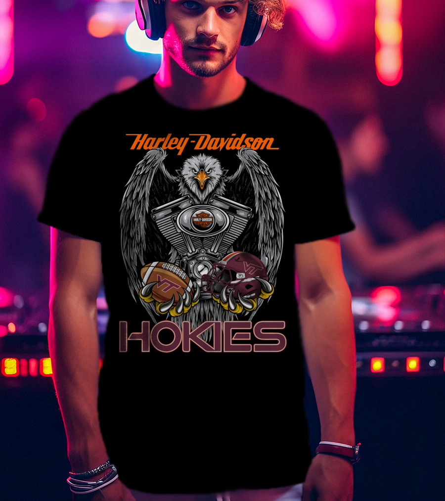 Harley Davidson Hokies Ncaa Football Helmet Engine Eagle T-Shirt