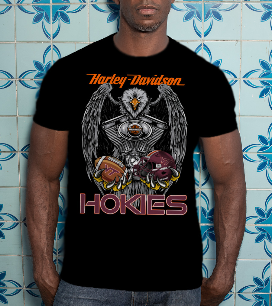 Harley Davidson Hokies Ncaa Football Helmet Engine Eagle T-Shirt