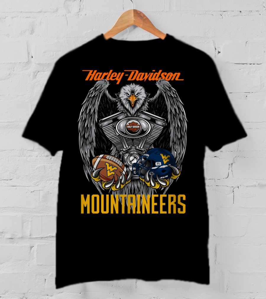 Harley Davidson Mountaineers Wv Football Helmet And Engine Eagle T-Shirt