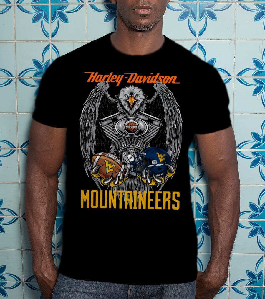 Harley Davidson Mountaineers Wv Football Helmet And Engine Eagle T-Shirt