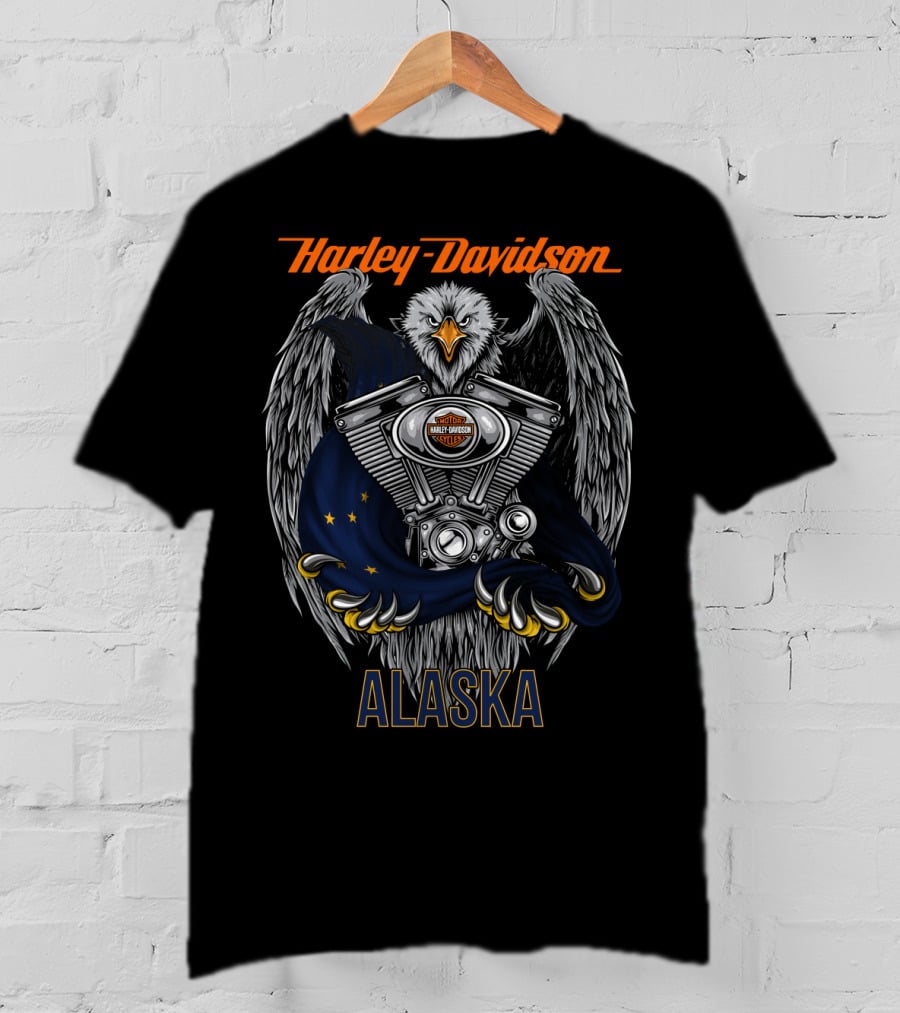 Harley Davidson Eagle With Engine And Alaska Flag T-Shirt