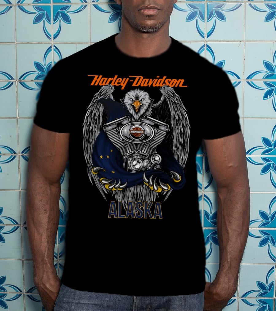 Harley Davidson Eagle With Engine And Alaska Flag T-Shirt