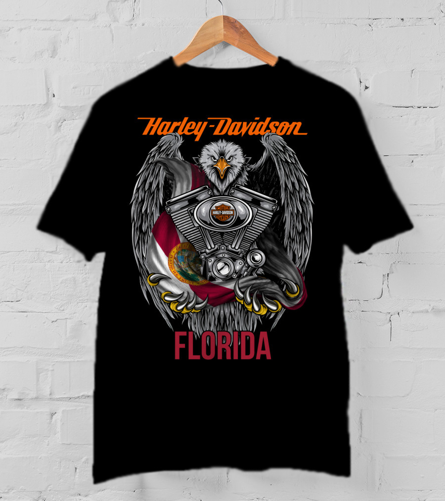 Harley Davidson Florida Eagle With Engine And State Flag T-Shirt