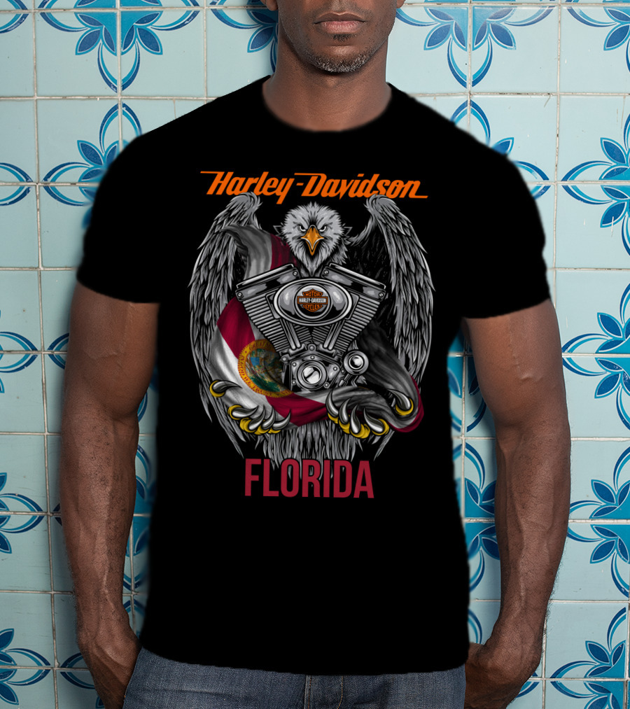 Harley Davidson Florida Eagle With Engine And State Flag T-Shirt