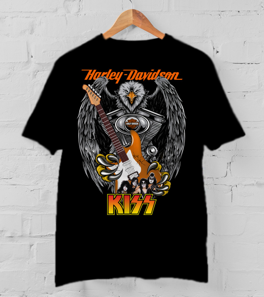 Harley Davidson Motor Cycles Kiss Band Eagle Guitar T-Shirt