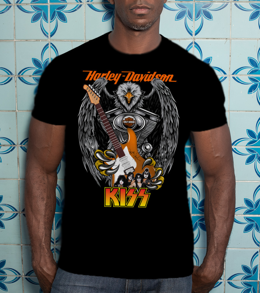 Harley Davidson Motor Cycles Kiss Band Eagle Guitar T-Shirt