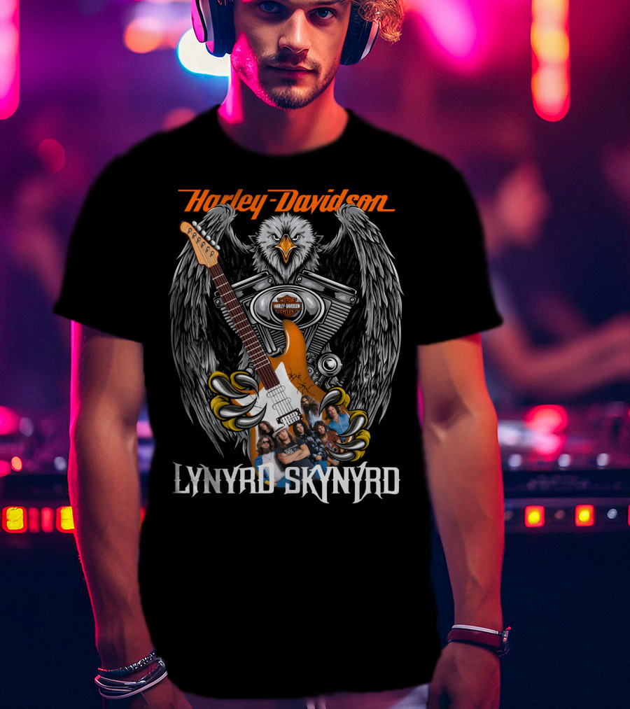 Harley Davidson Eagle V-Twin Engine Lynyrd Skynyrd Band Guitar T-Shirt