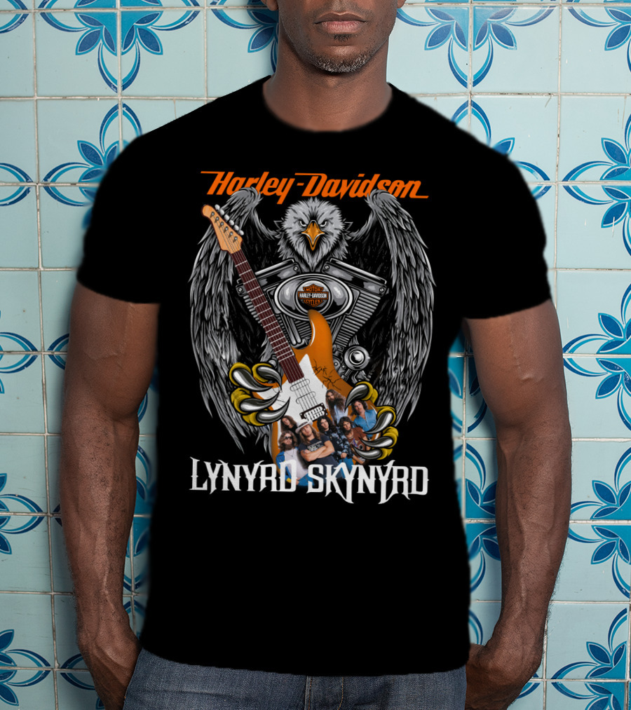 Harley Davidson Eagle V-Twin Engine Lynyrd Skynyrd Band Guitar T-Shirt