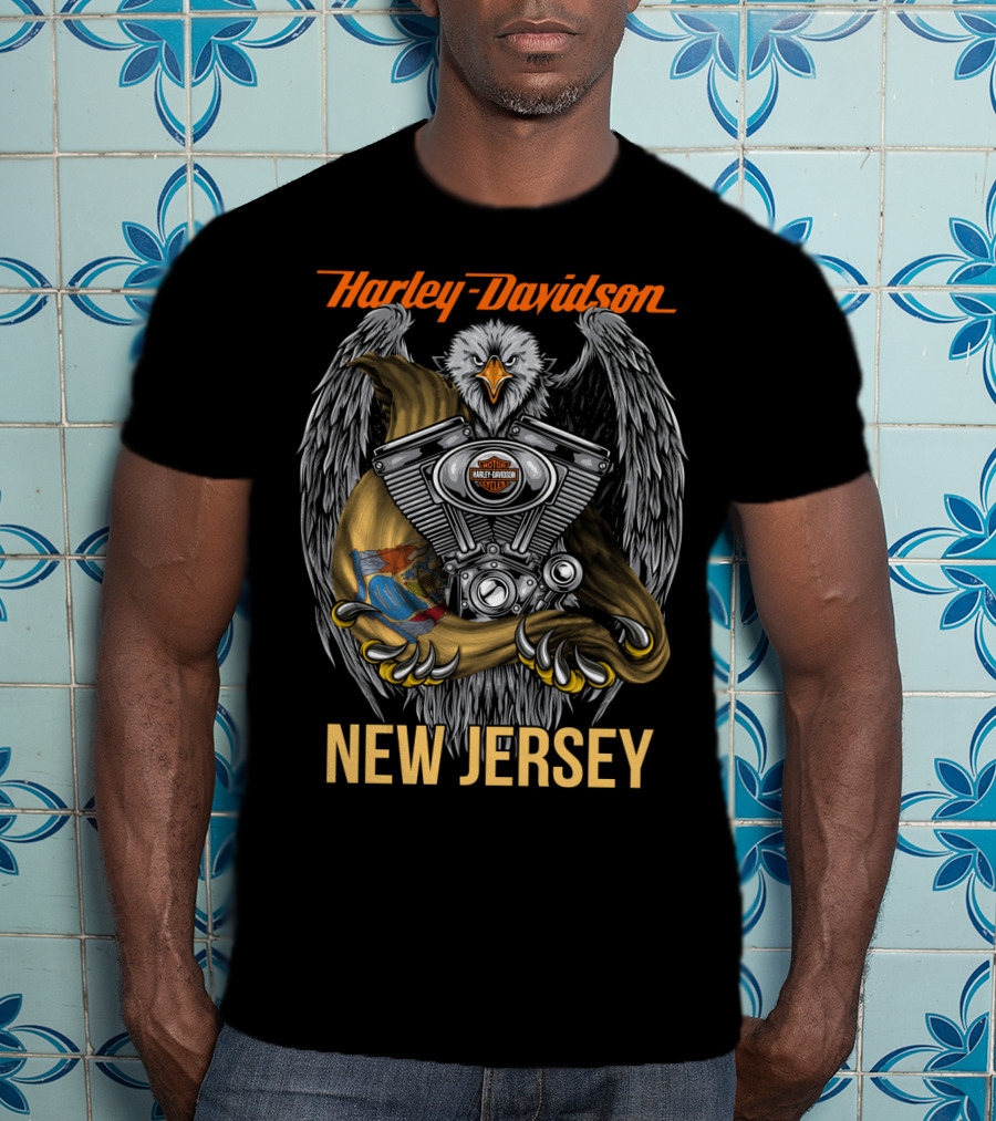 Harley Davidson New Jersey Eagle With Engine And Banner T-Shirt