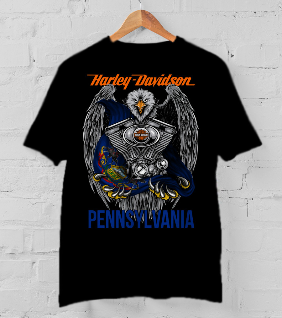 Harley Davidson Pennsylvania Eagle With Engine And State Seal T-Shirt