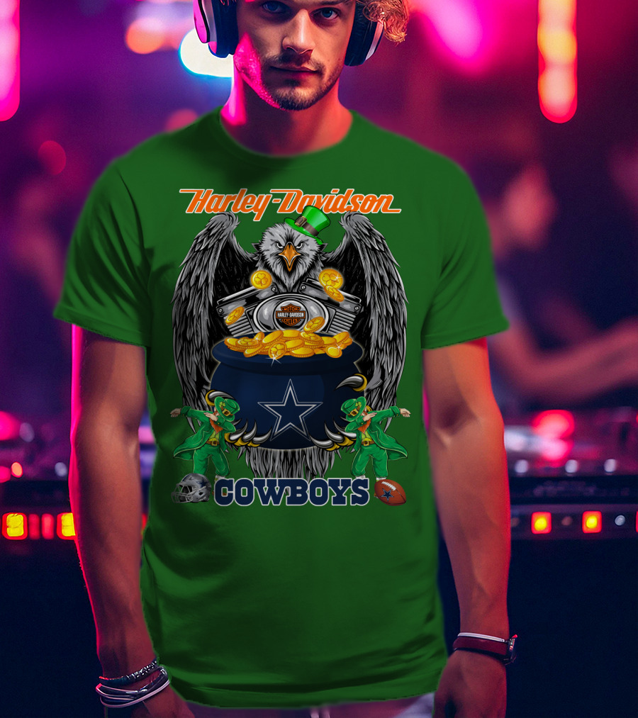 Harley Davidson Nfl Dallas Cowboys Eagle With Leprechauns And Pot Of Gold T-Shirt
