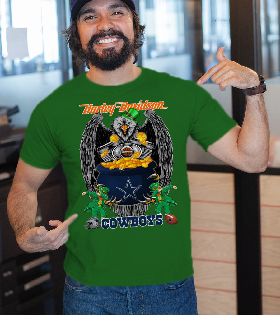 Harley Davidson Nfl Dallas Cowboys Eagle With Leprechauns And Pot Of Gold T-Shirt
