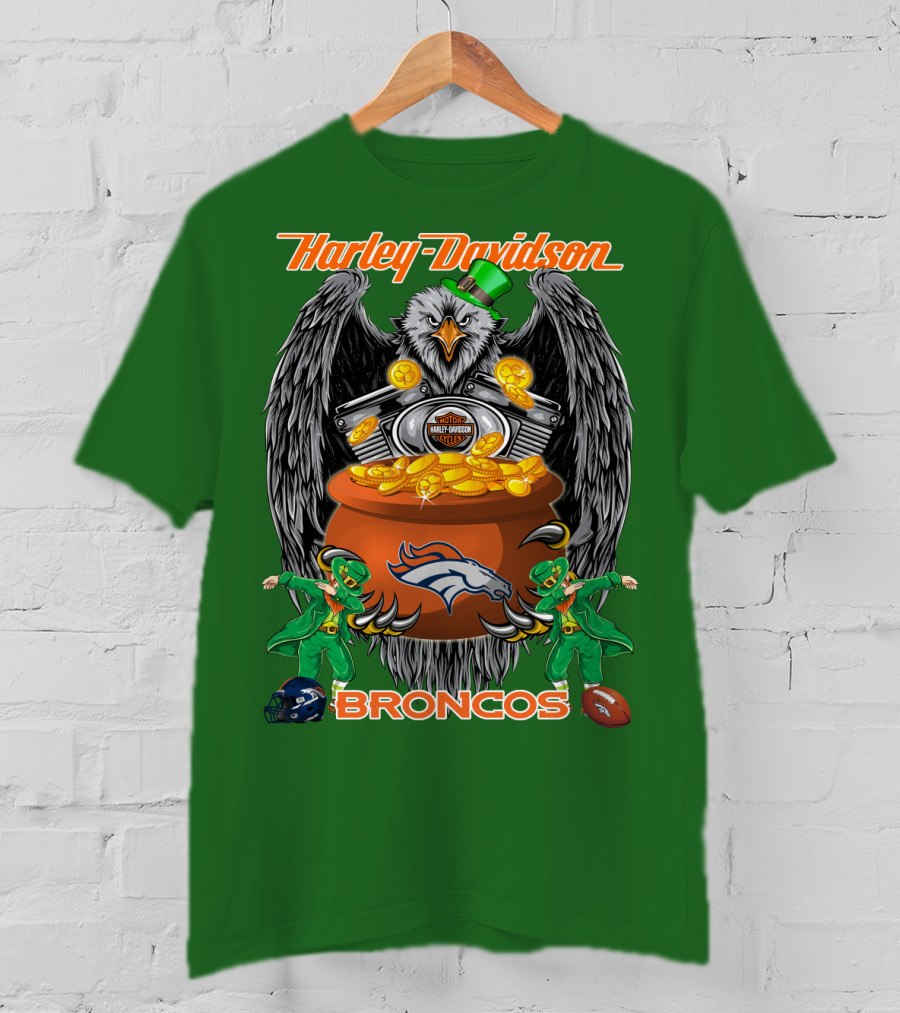 Harley Davidson Denver Broncos Nfl Leprechaun Eagle Pot Of Gold T-Shirt