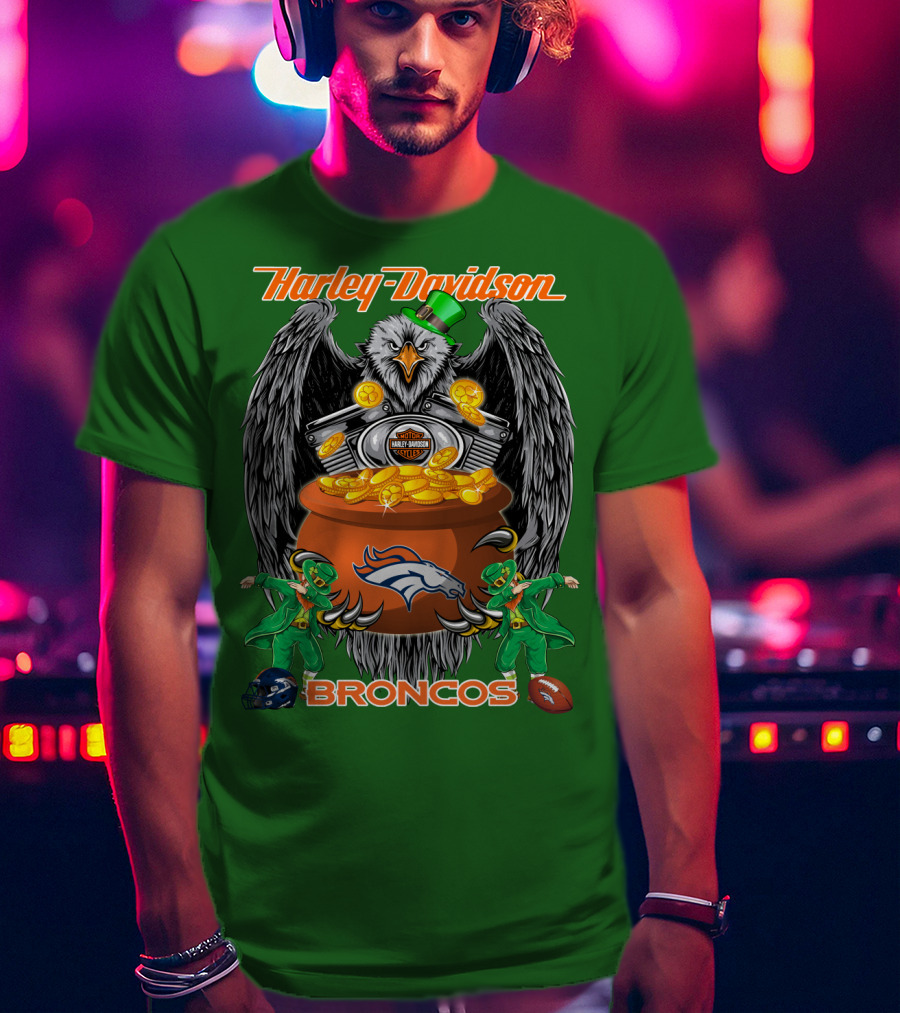 Harley Davidson Denver Broncos Nfl Leprechaun Eagle Pot Of Gold T-Shirt