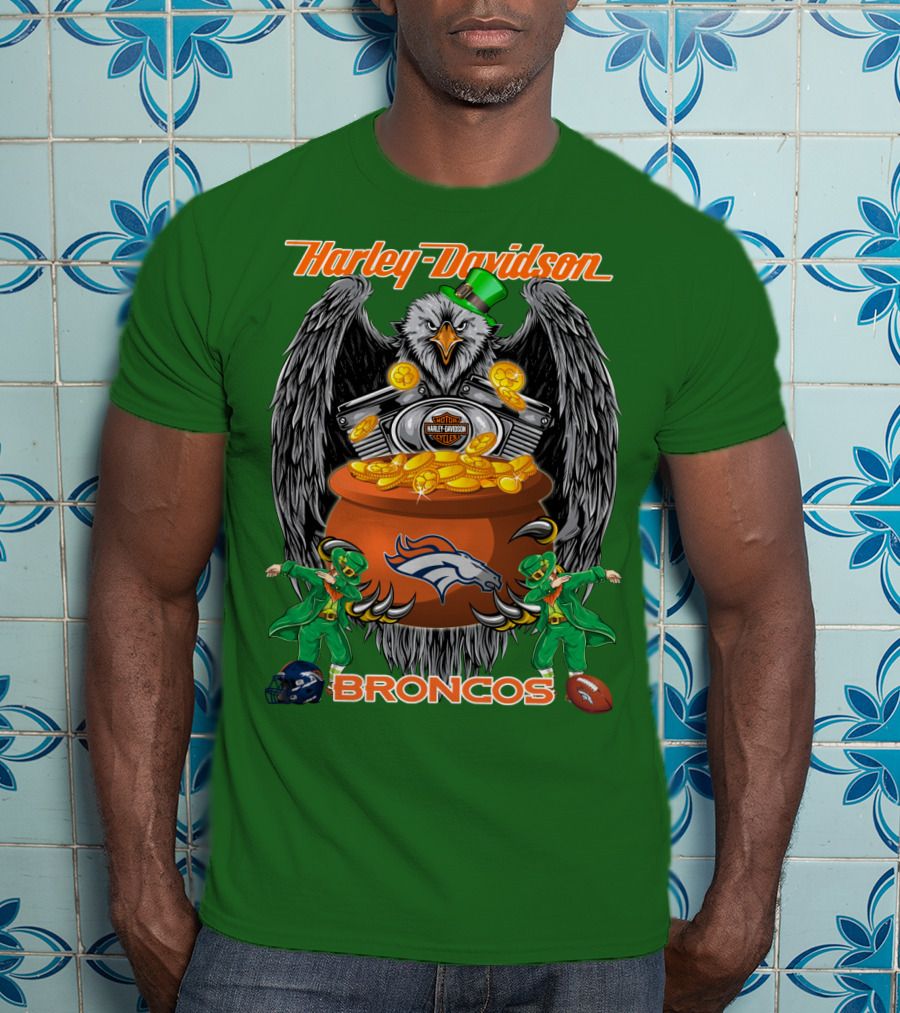 Harley Davidson Denver Broncos Nfl Leprechaun Eagle Pot Of Gold T-Shirt