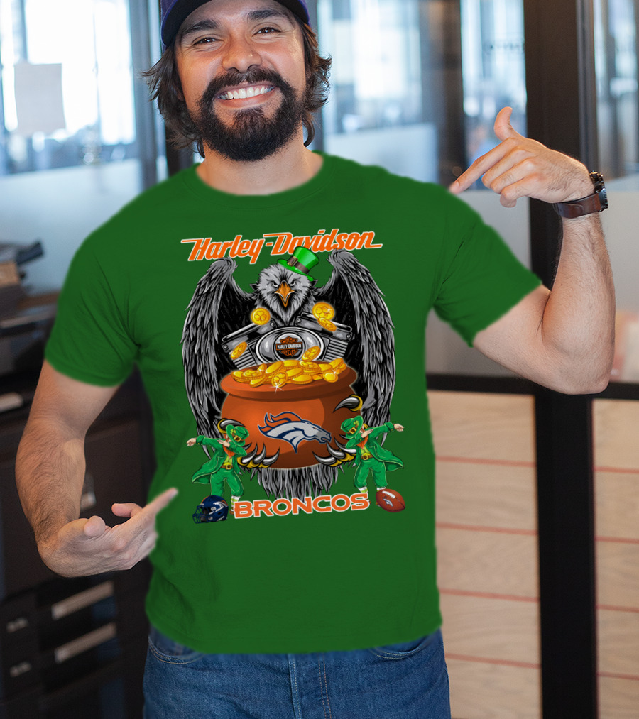 Harley Davidson Denver Broncos Nfl Leprechaun Eagle Pot Of Gold T-Shirt