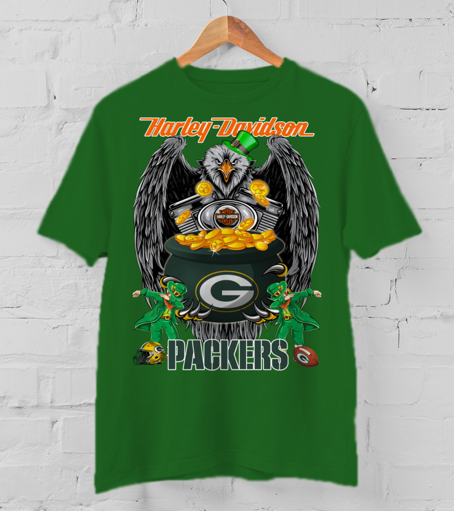 Harley Davidson Packers Nfl Green Bay Eagles And Leprechauns With Coins T-Shirt