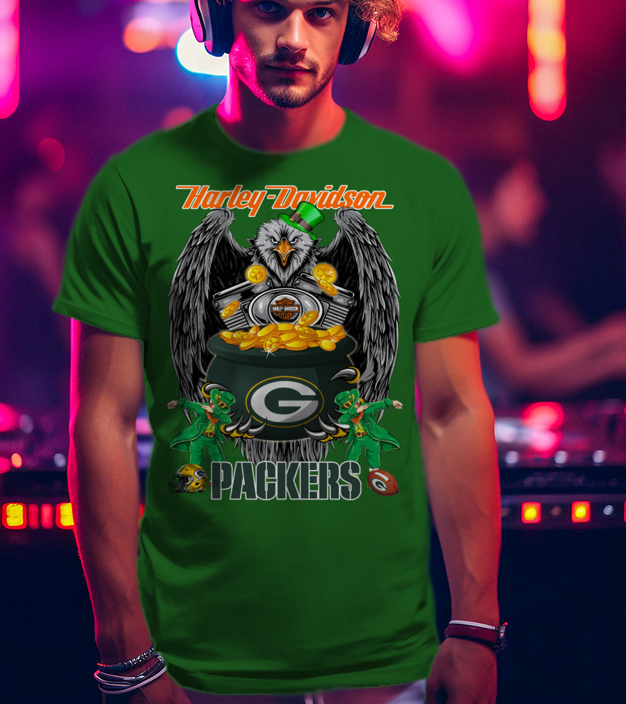 Harley Davidson Packers Nfl Green Bay Eagles And Leprechauns With Coins T-Shirt