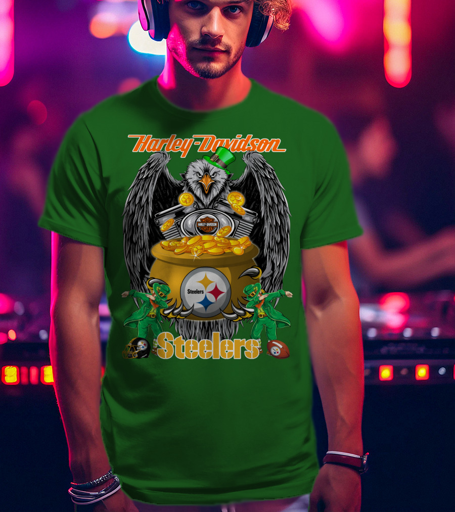 Harley Davidson Steelers Eagle Leprechaun Gold Nfl Pittsburgh T-Shirt