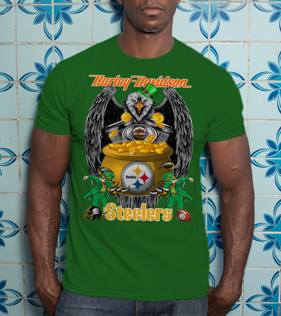 Harley Davidson Steelers Eagle Leprechaun Gold Nfl Pittsburgh T-Shirt