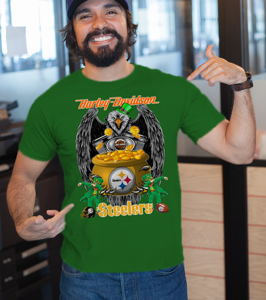 Harley Davidson Steelers Eagle Leprechaun Gold Nfl Pittsburgh T-Shirt