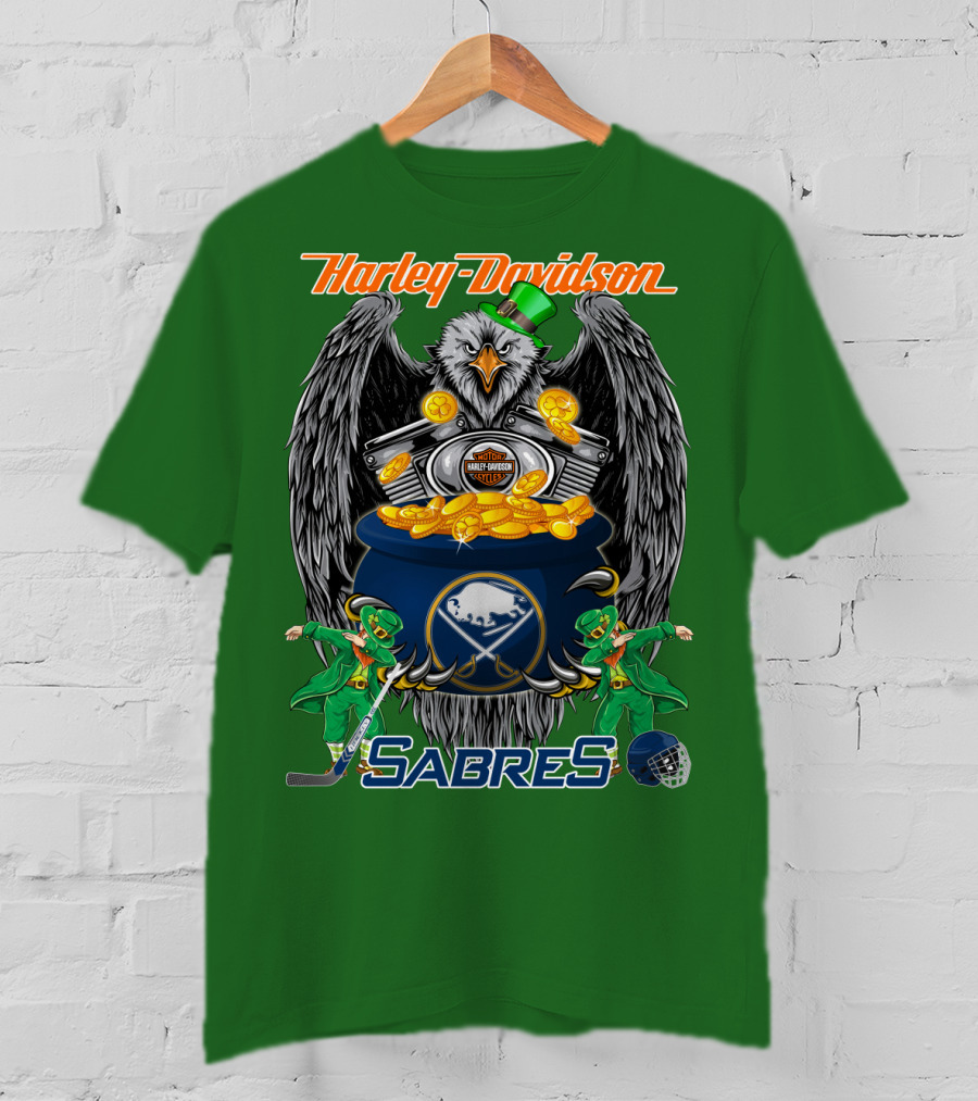 Harley Davidson Sabres Nhl Buffalo St. Patrick's Day Eagle And Pot Of Gold T-Shirt