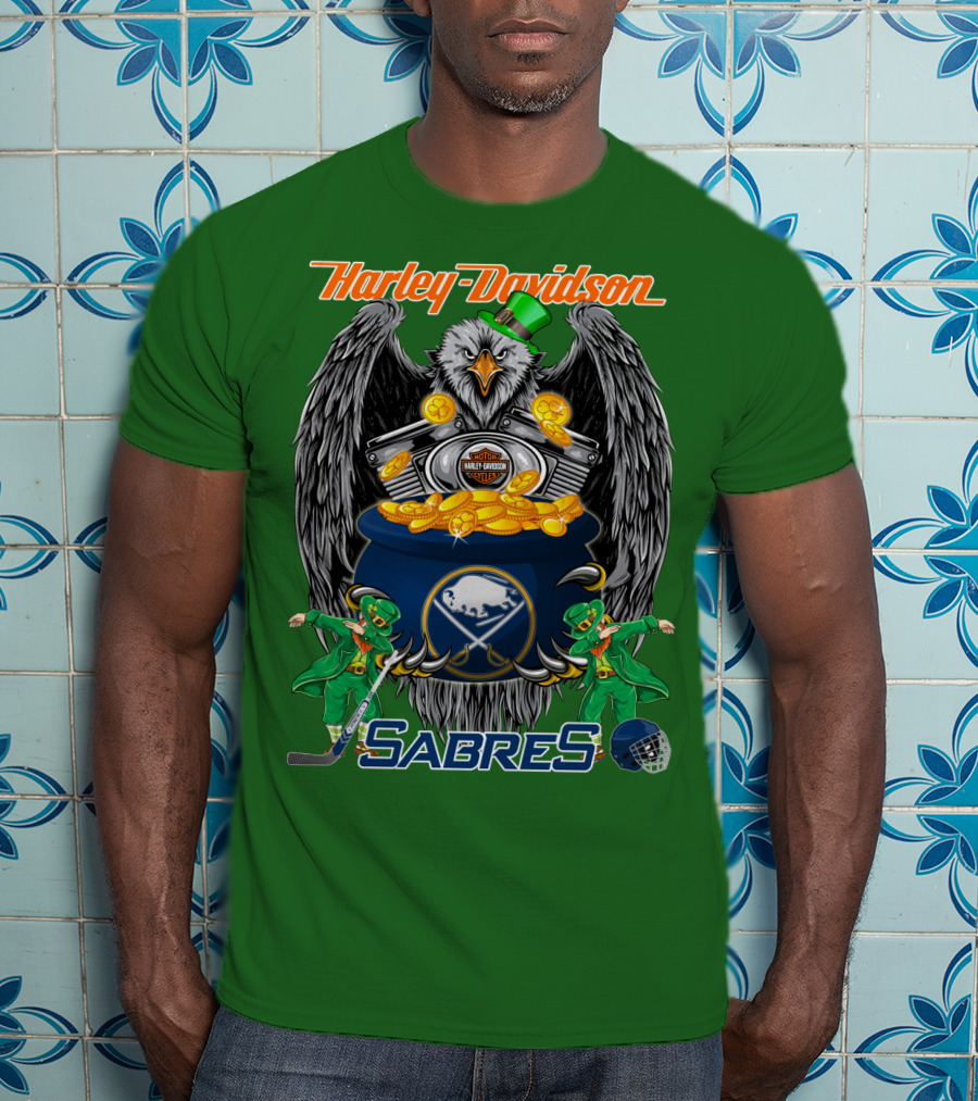 Harley Davidson Sabres Nhl Buffalo St. Patrick's Day Eagle And Pot Of Gold T-Shirt