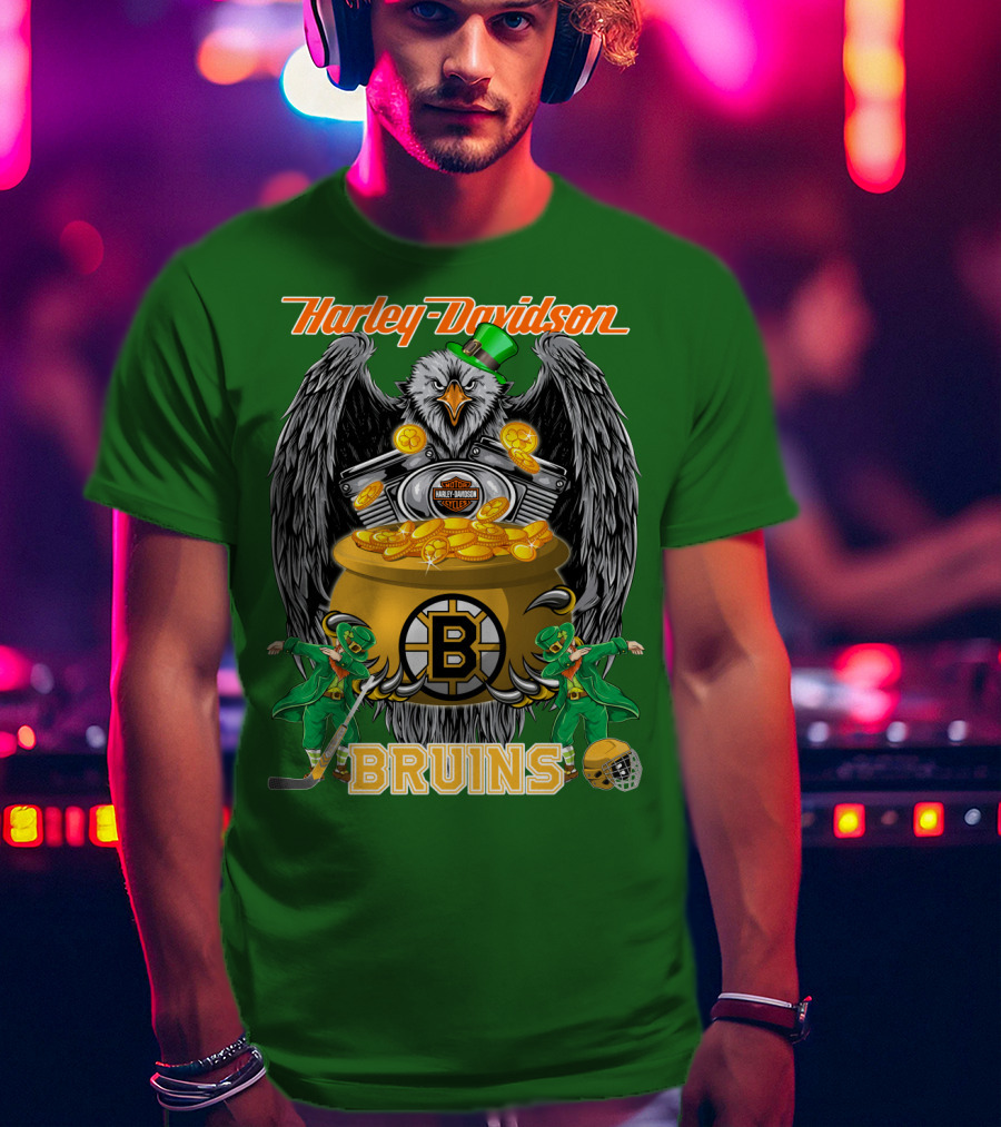 Harley Davidson Bruins St. Patrick's Day Coin Pot Hockey T-Shirt