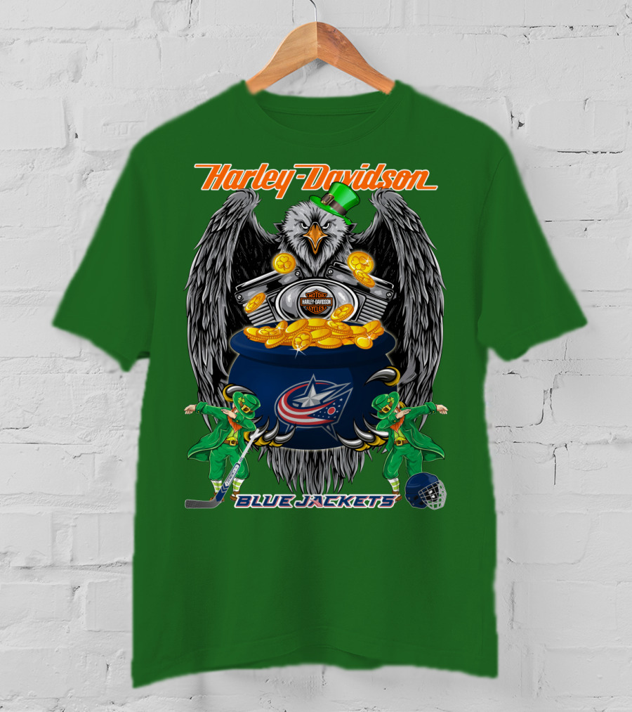 Harley Davidson Columbus Blue Jackets Nhl Eagle Leprechaun Gold Coins Green Hat T-Shirt