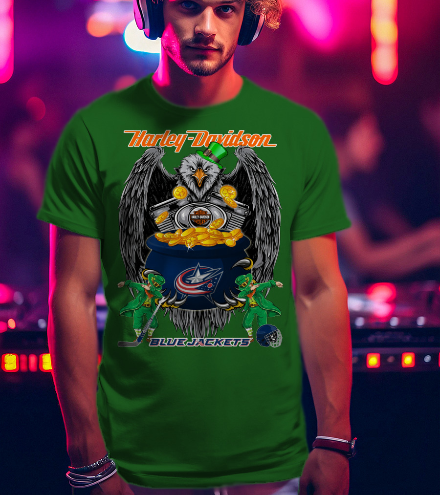 Harley Davidson Columbus Blue Jackets Nhl Eagle Leprechaun Gold Coins Green Hat T-Shirt