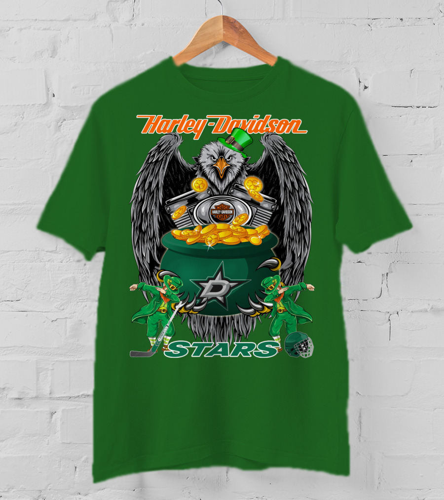 Harley Davidson Dallas Stars Nhl Eagle With Leprechauns And Hockey Gear T-Shirt