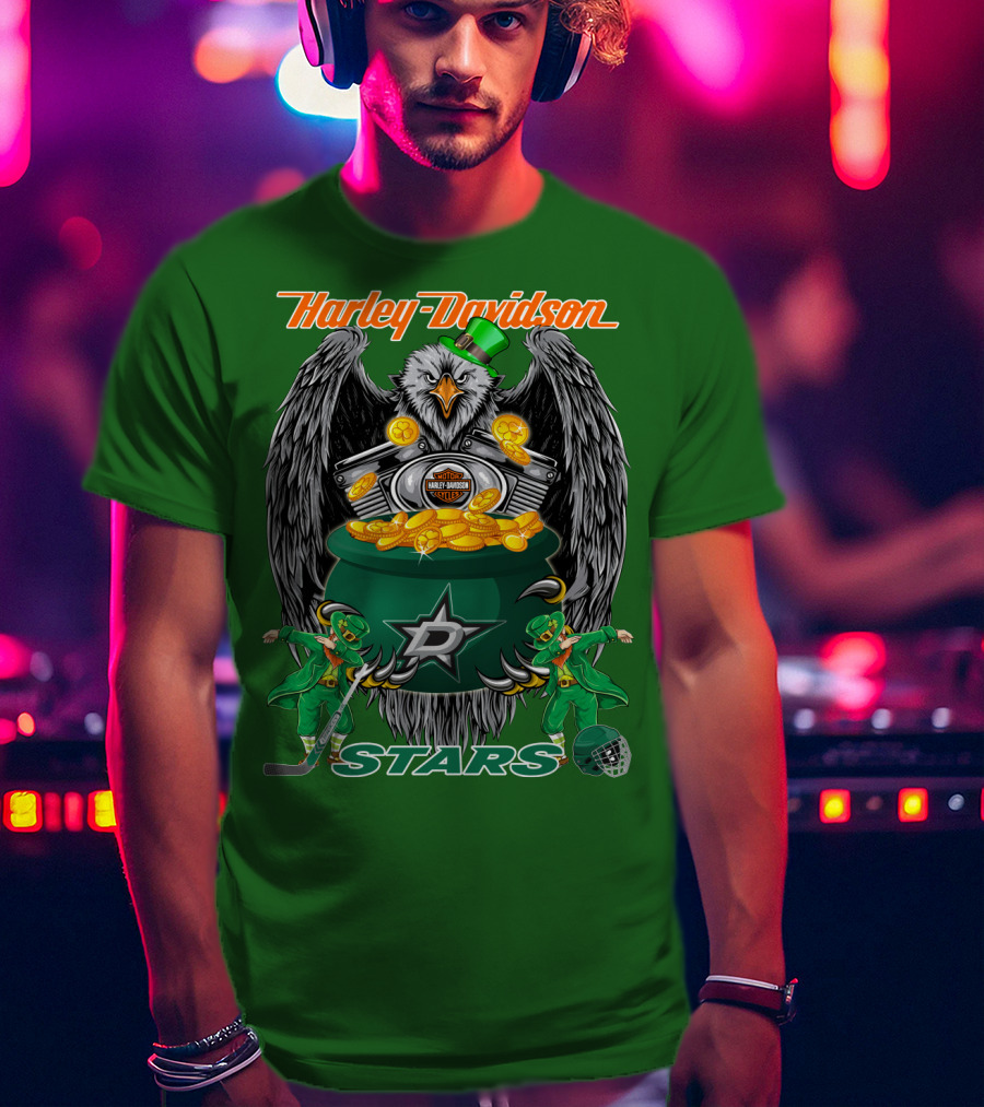Harley Davidson Dallas Stars Nhl Eagle With Leprechauns And Hockey Gear T-Shirt