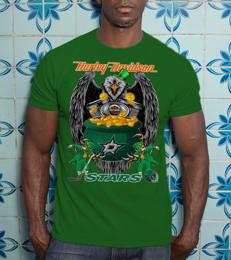 Harley Davidson Dallas Stars Nhl Eagle With Leprechauns And Hockey Gear T-Shirt