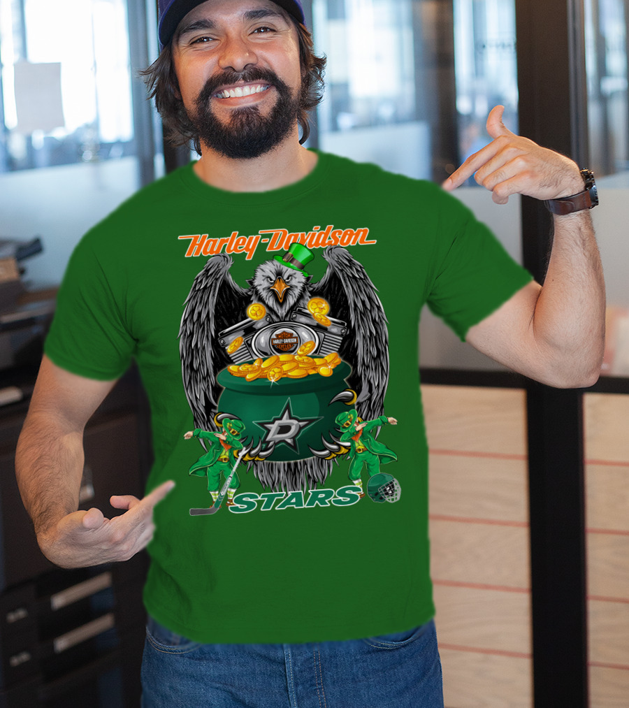 Harley Davidson Dallas Stars Nhl Eagle With Leprechauns And Hockey Gear T-Shirt