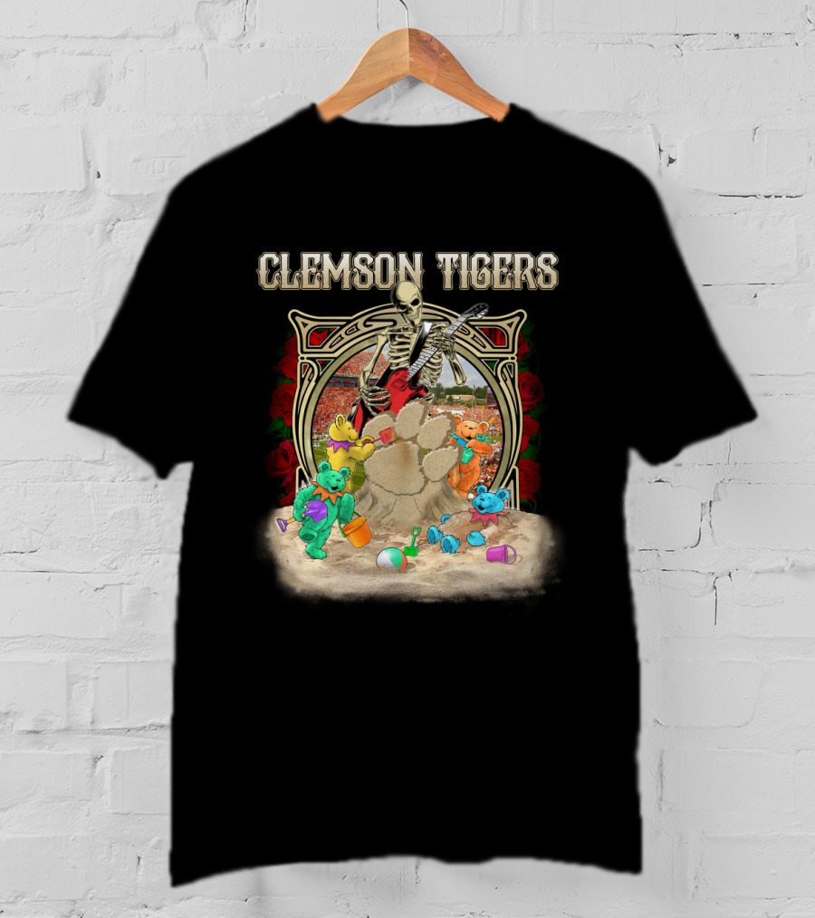 Clemson Tigers Grateful Dead Skeleton Bears Sandcastle Roses T-Shirt