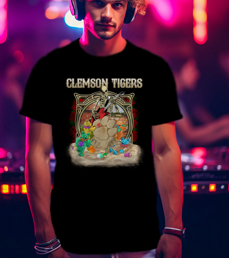 Clemson Tigers Grateful Dead Skeleton Bears Sandcastle Roses T-Shirt