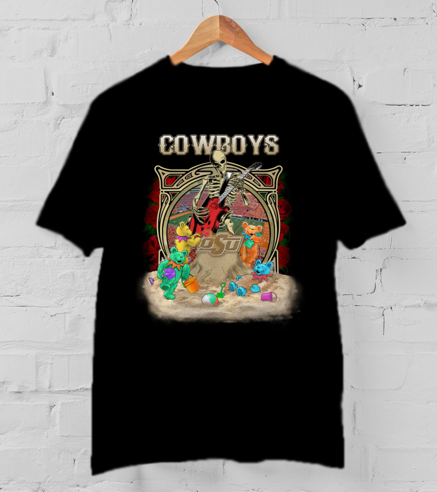 Cowboys Skeleton Guitar With Osu Ncaa1 63 Teddy Bears T-Shirt