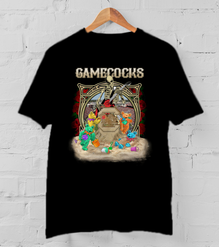 Gamecocks Skeleton With Colorful Bears Playing On Beach T-Shirt