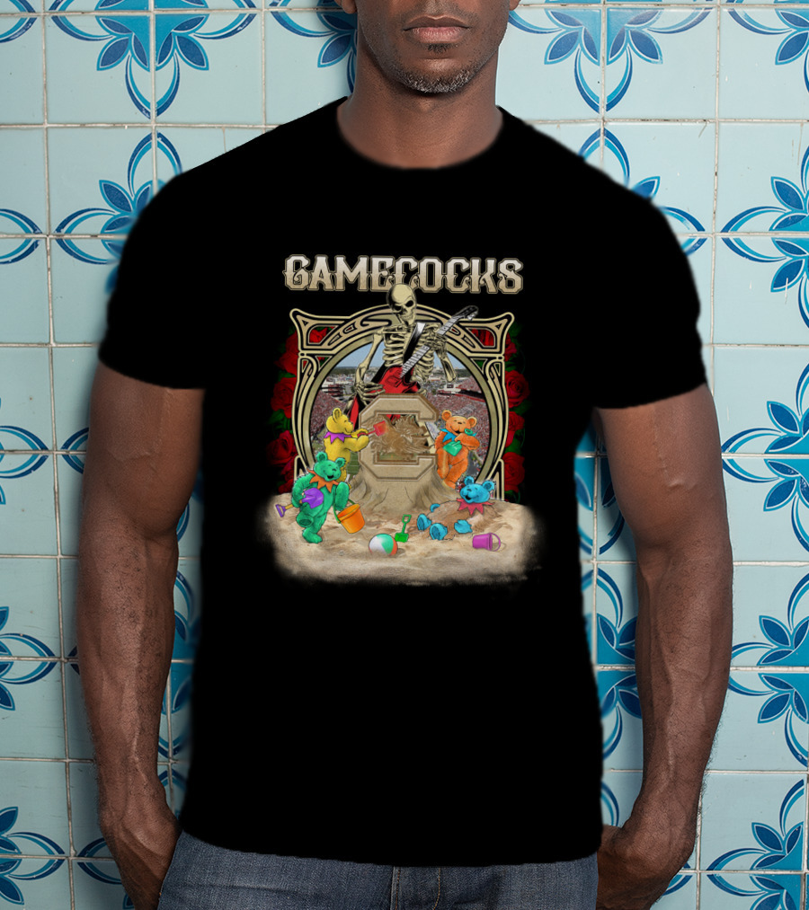Gamecocks Skeleton With Colorful Bears Playing On Beach T-Shirt