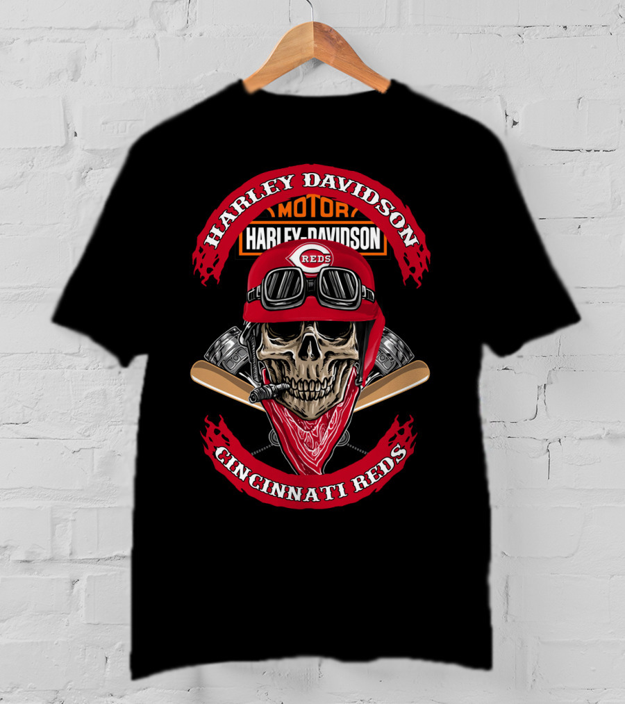 Harley Davidson Cincinnati Reds Skull Helmet Motor T-Shirt
