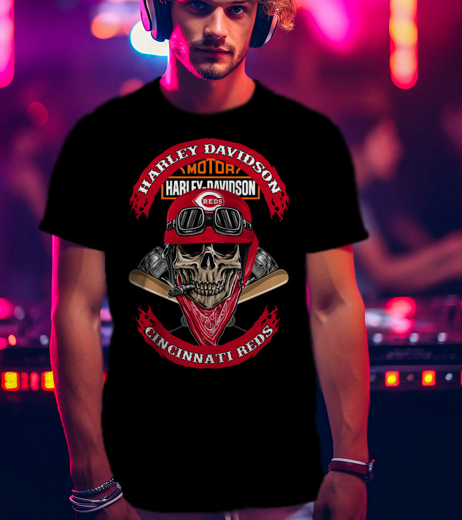 Harley Davidson Cincinnati Reds Skull Helmet Motor T-Shirt