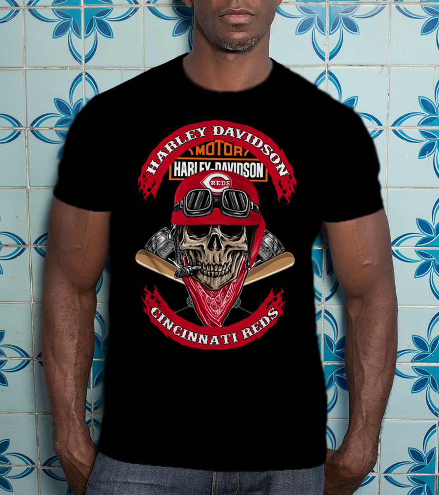 Harley Davidson Cincinnati Reds Skull Helmet Motor T-Shirt