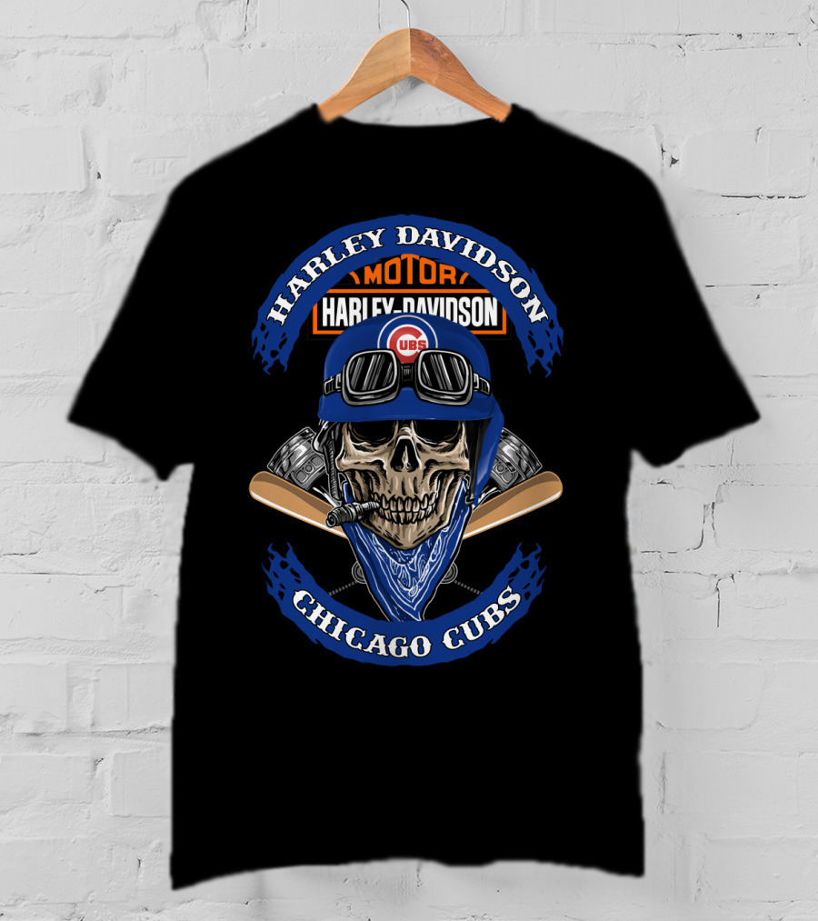 Harley Davidson Chicago Cubs Skull Helmet Cigars T-Shirt