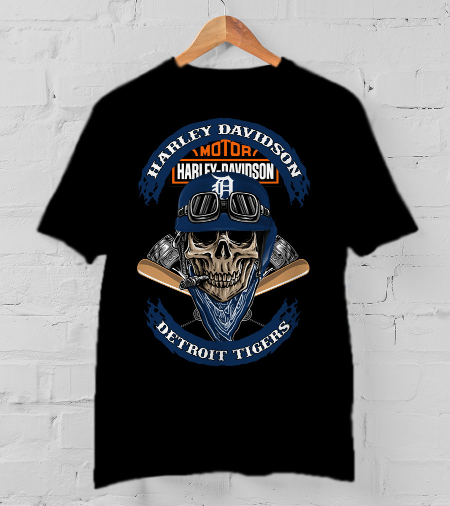 Harley Davidson Motor Detroit Tigers Skull Helmet T-Shirt