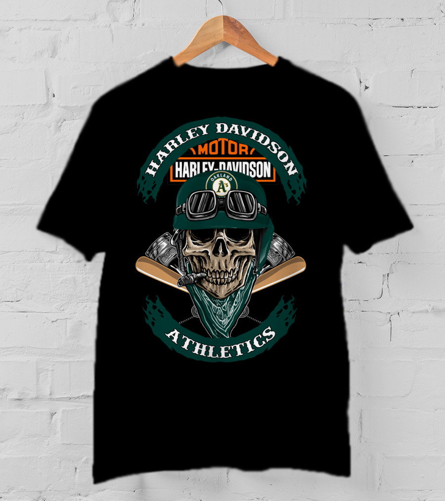 Harley Davidson Oakland Athletics Skull And Engine Motif T-Shirt