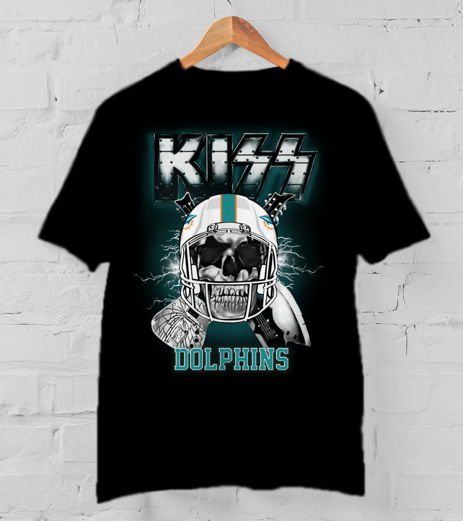 Kiss Dolphins Miami Football Skull Helmet Electric Guitars T-Shirt