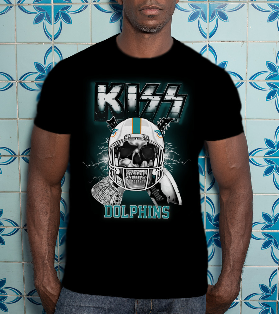 Kiss Dolphins Miami Football Skull Helmet Electric Guitars T-Shirt