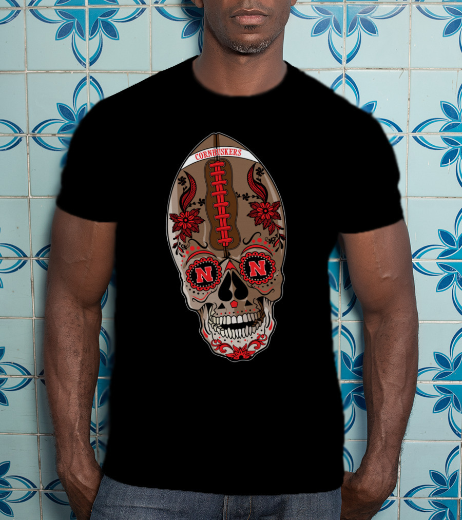 Cornhuskers Skull Football Floral N N T-Shirt